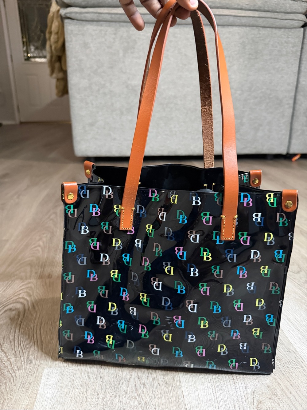 Dooney & Bourke Black Multicolor Print Plastic Tote with Brown  Handles - Picture 4 of 11